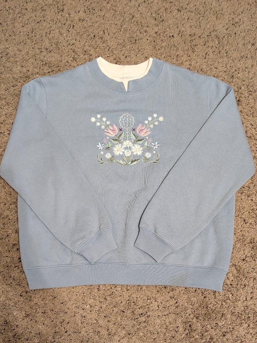90s Light Blue Floral Embroidered Grandma Sweatshirt Jenny Buchanan Petite M